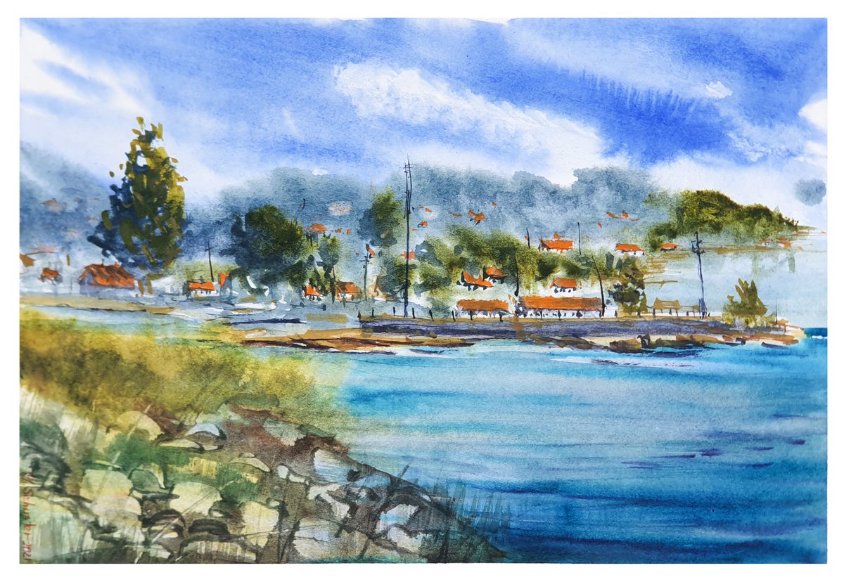 Impressionistic Landscape Watercolour By Yulia Schuster, 12 X 8", Coast V2, Original Artwork