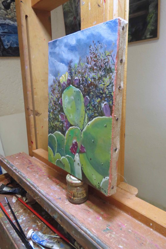 Prickly pears in Bloom, Original Oil Painting by Anne Zamo
