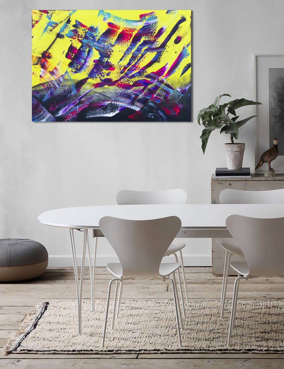 Expressive Abstract Acrylic Painting By Davide De Palma, 39 X 28, Yellow Energy, Original Artwork