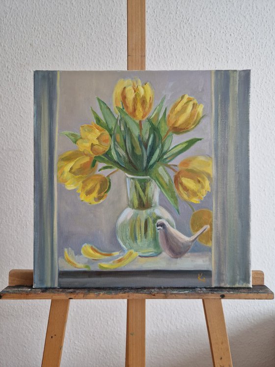 Still life of bouquet with yellow tulips "Spring mood"
