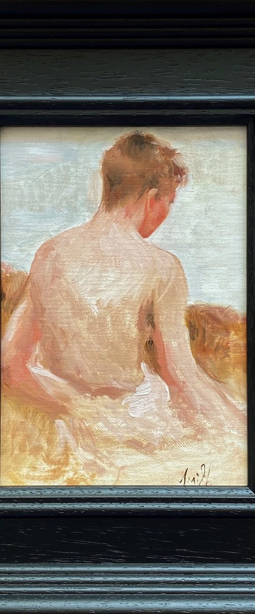 Impressionist style Male nude figure oil painting, with wooden frame. by Jackie Smith