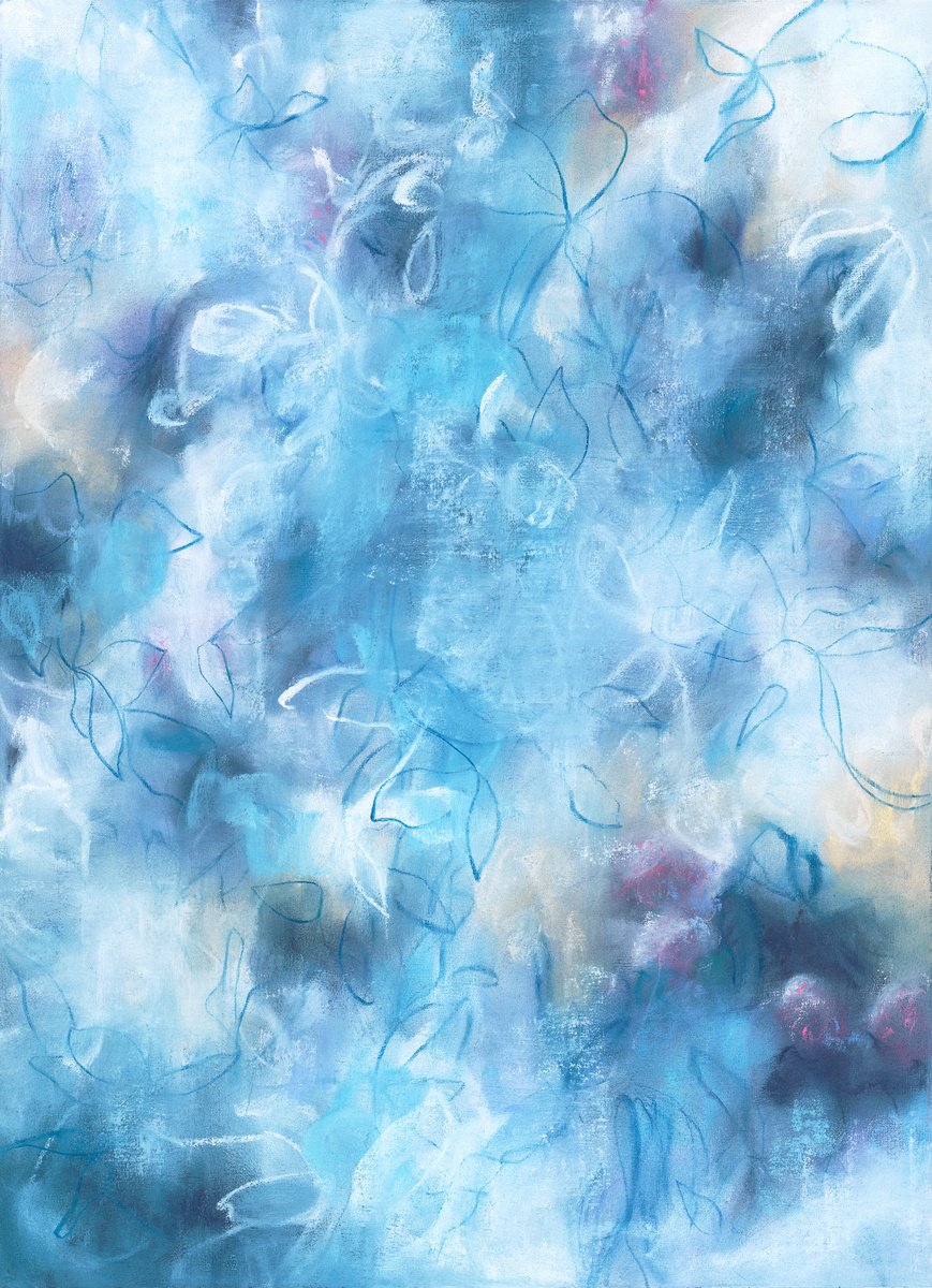 Abstract Botanical Drawing By Sara Richardson Artist, 18 X 24", Blue Wild Flowers, Original Artwork