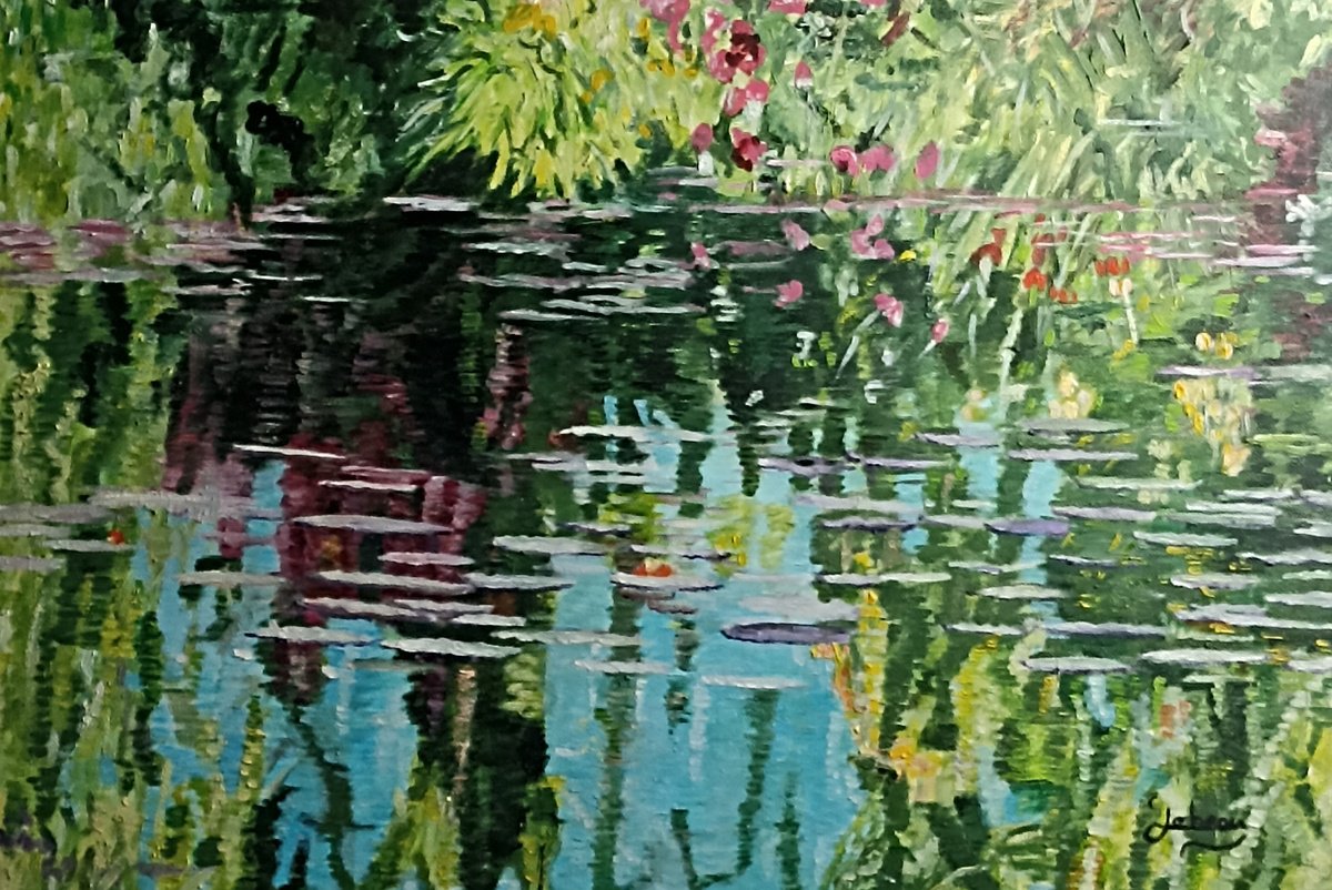 Impressionistic Botanical Oil Painting By Isabelle Lucas, 22 X 15, Waterlilies And Reflections, Original Artwork