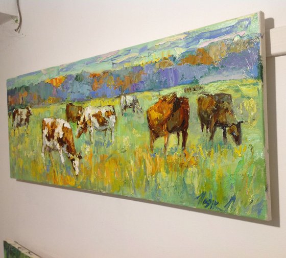 Beautifull Cows. Fall landscape .  animal nature original oil painting modern