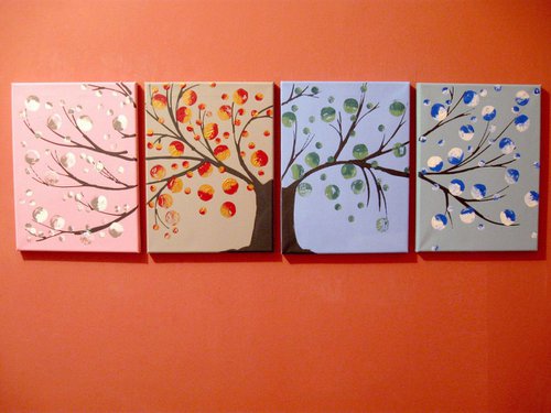 tree of life painting in a quadriptych style, for home office or nursery , original extra large wall art in acrylic hand made " Seasons " contemporary blossom 64 x 20" by Stuart Wright