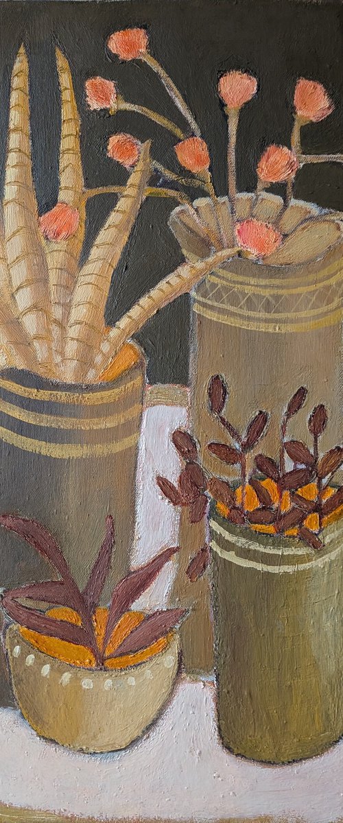 Pink Flowers and Pot Plants by Fiona Philipps