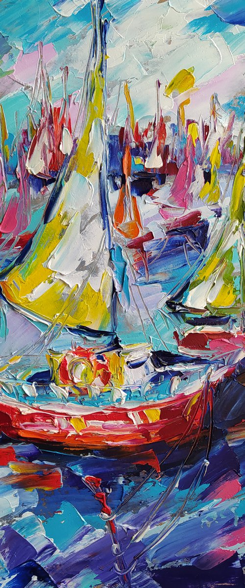 Expressive yachts - yacht, oil painting, yacht club, seascape, sea with yachts, yacht original painting, gift, impressionism, palette knife by Anastasia Kozorez