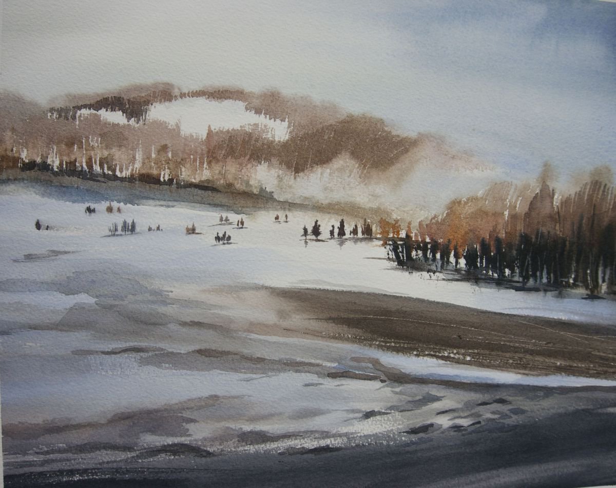 Impressionistic Landscape Watercolour By Jing Chen, 15 X 12, Over The Hill, Original Artwork