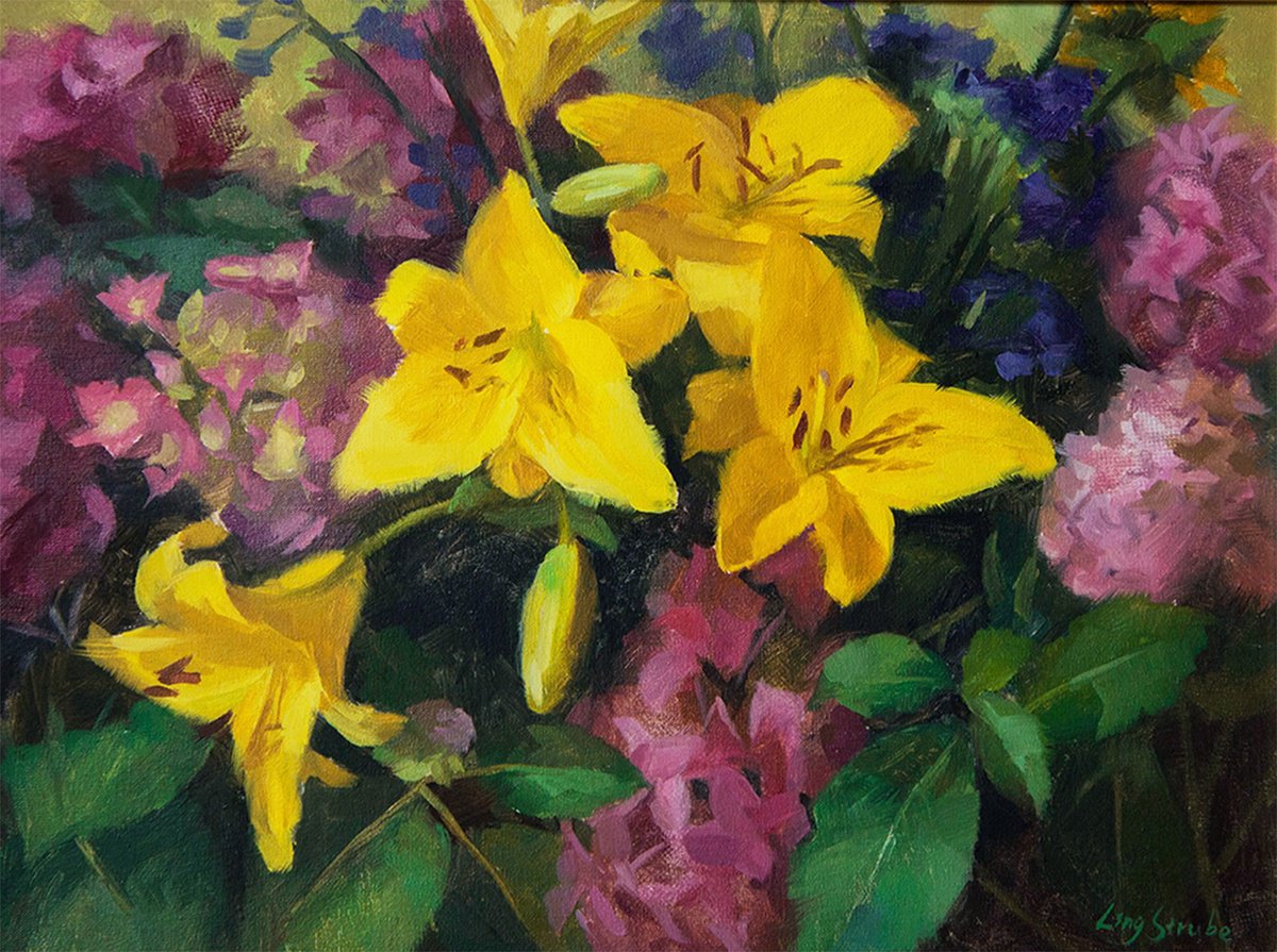 Impressionistic Botanical Oil Painting By Ling Strube, 16 X 12", Yellow Lilies, Original Artwork