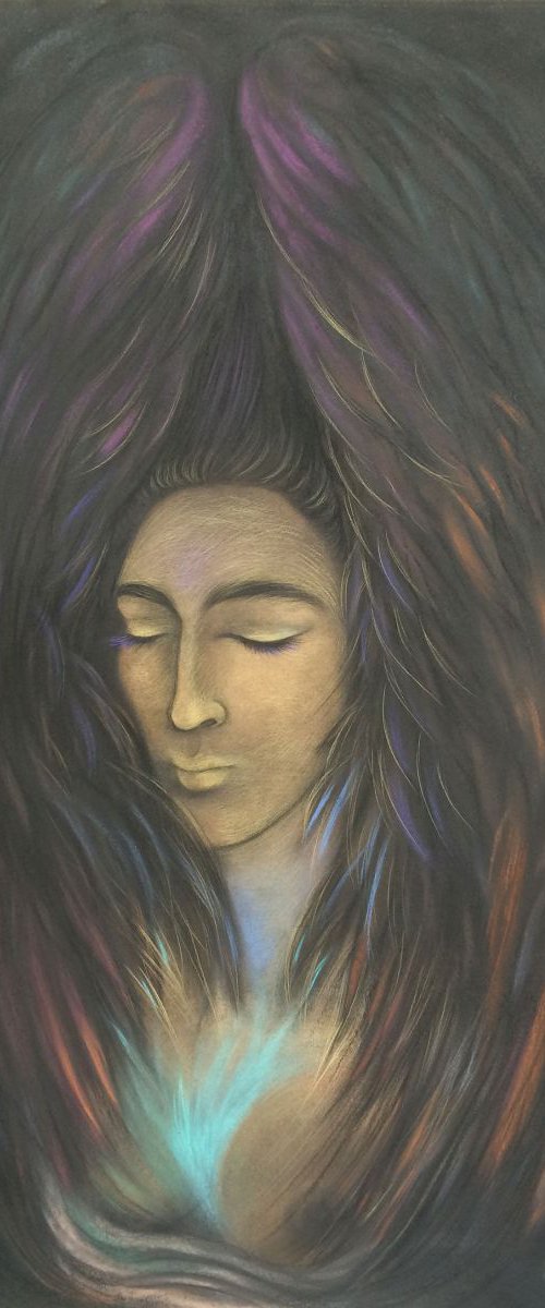 Dark Angel Enclosed III; large pastel with gold powder by Phyllis Mahon