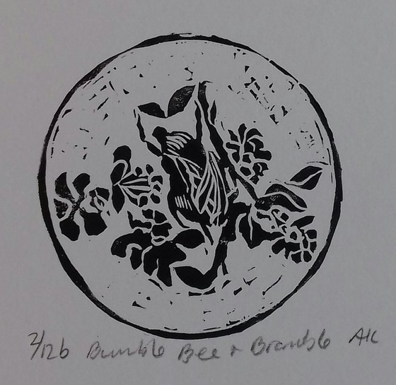 Bumble Bee and Bramble Linocut. Black.