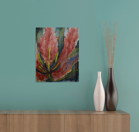 Fading red tulip- floral watercolor painting for the interior of the office and home.