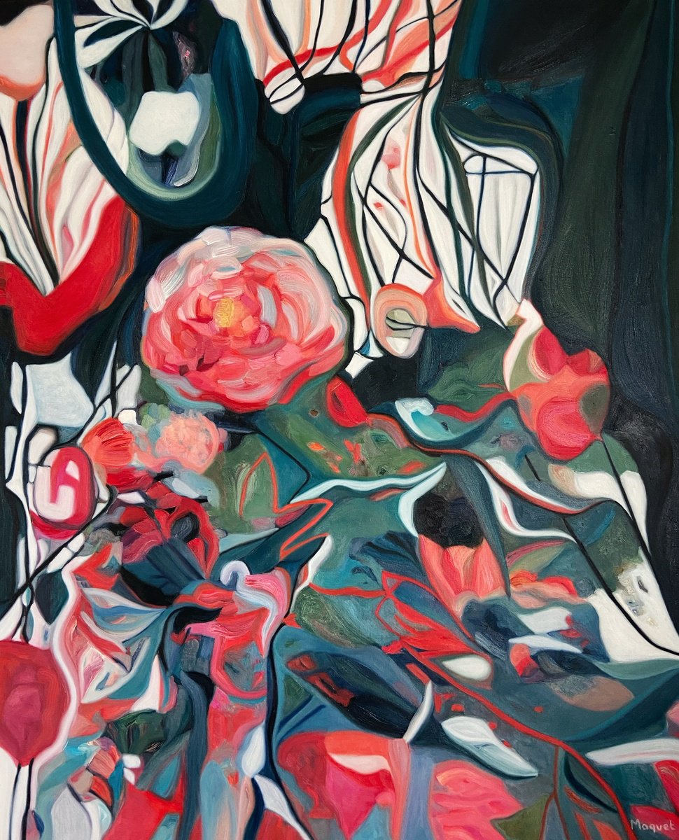 Organic Botanical Oil Painting By Nathalie Maquet, 32 X 39", Entrelacee 22, Original Artwork