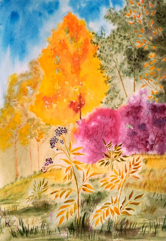 autumn landscape original watercolor painting red trees impressionistic watercolor'Red autumn"