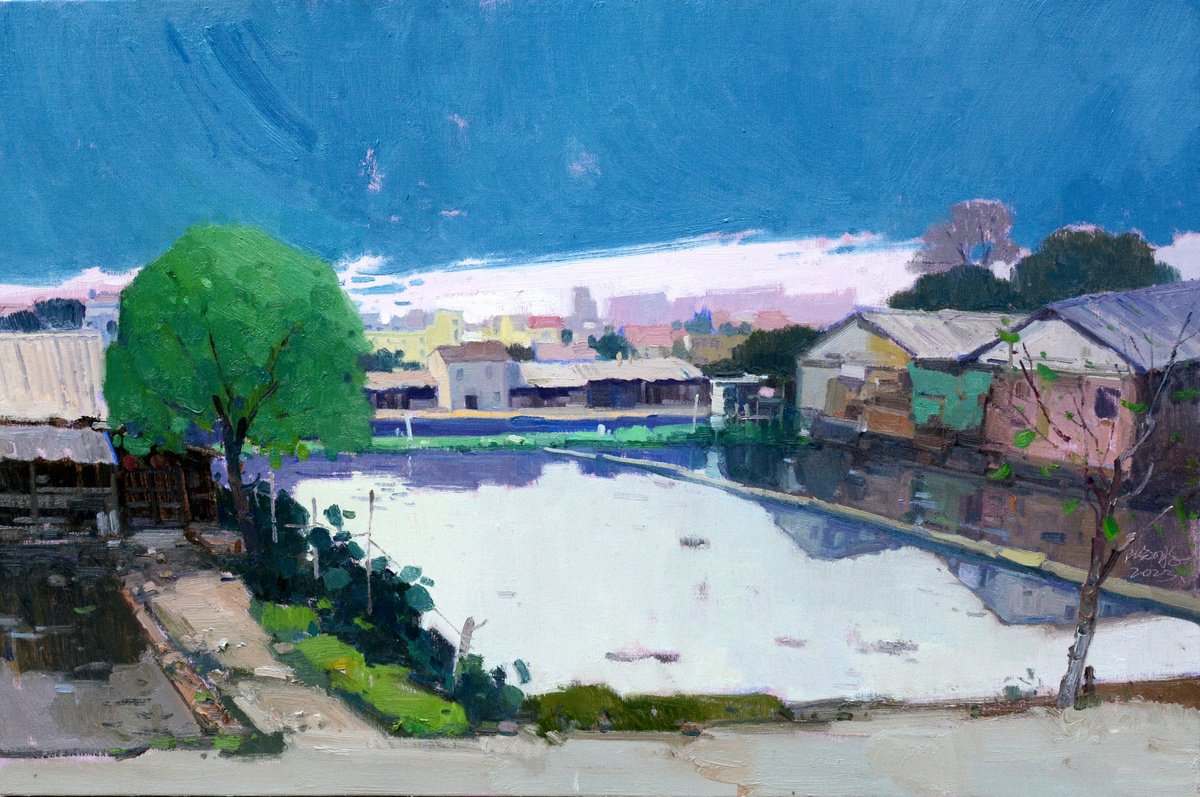 Impressionistic Landscape Oil Painting By Jianzhe Chon, 35 X 24, Landscape Oil Painting:village 122, Original Artwork