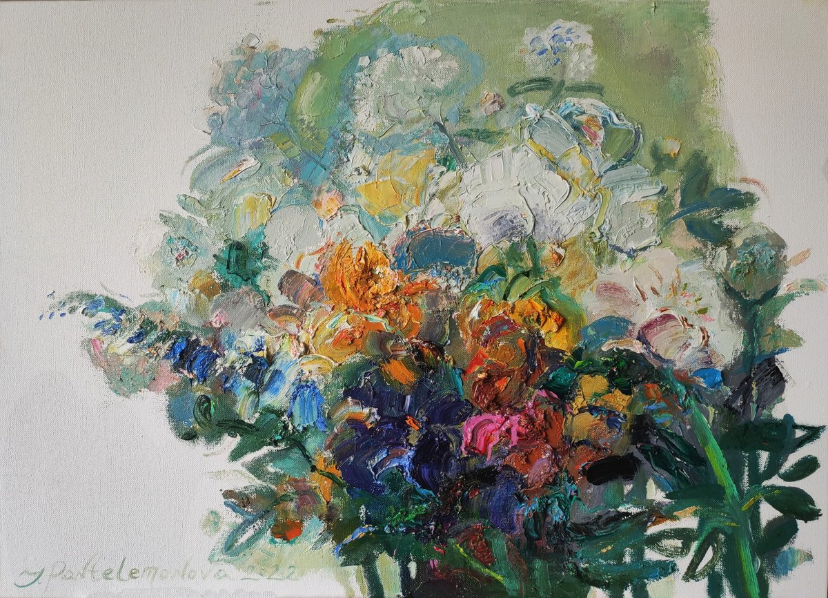 Impressionistic Botanical Oil Painting By Inna Pantelemonova, 28 X 20, Light Flowers, Original Artwork