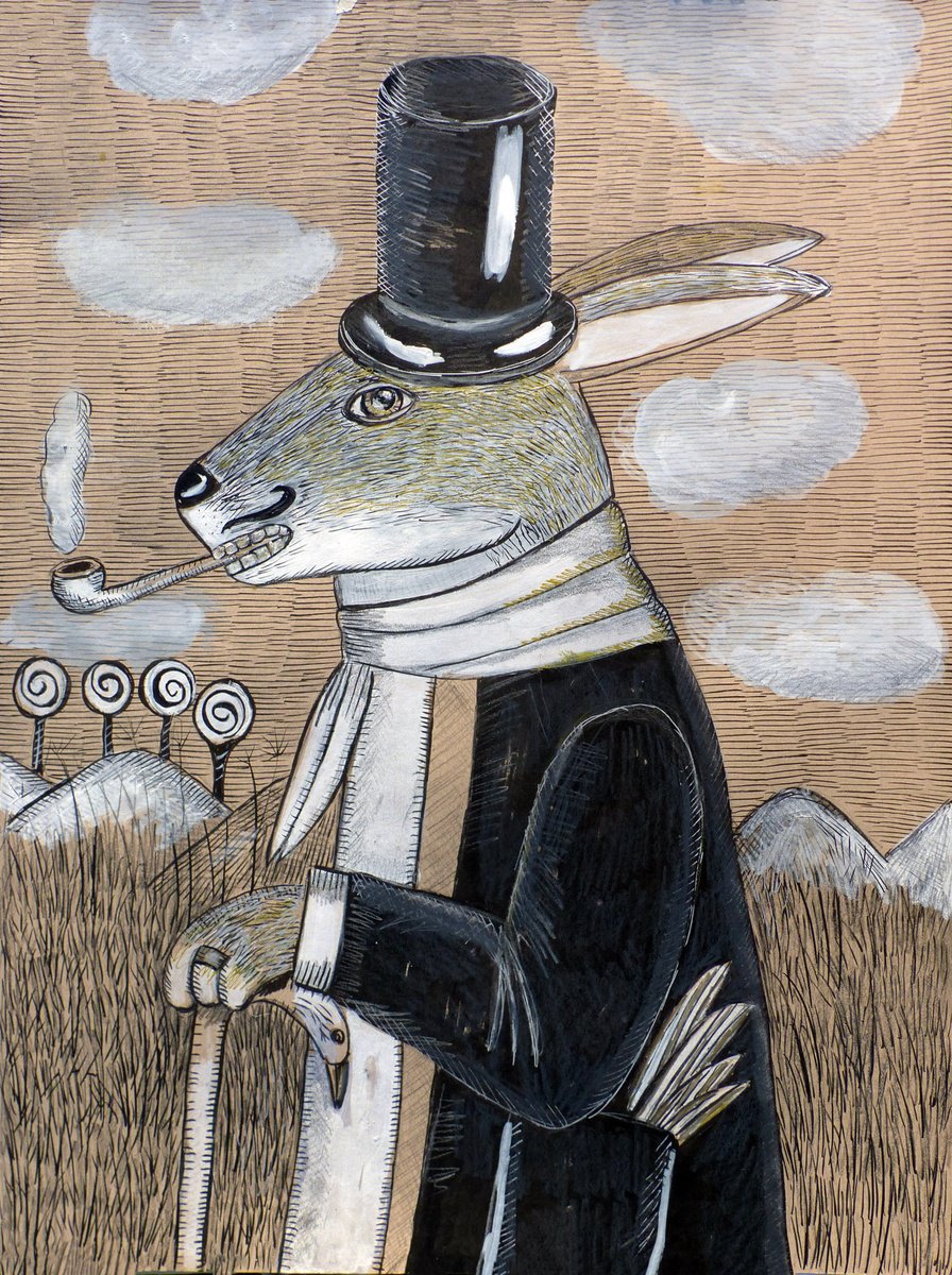 Surrealistic Animal Ink Drawing By Elizabeth Vlasova, 18 X 24, Walking Smoking Rabbit, Original Artwork