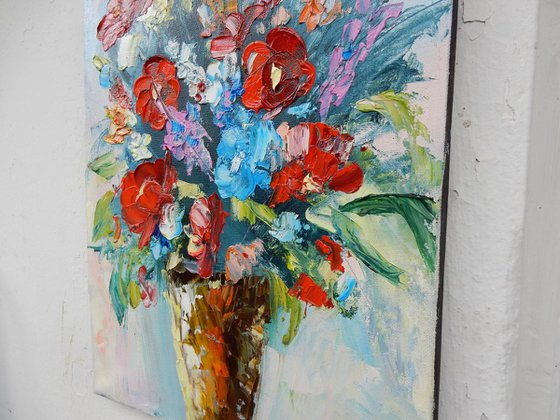 Bright flowers, bouquet of flowers in a vase. Still life. 30x40cm