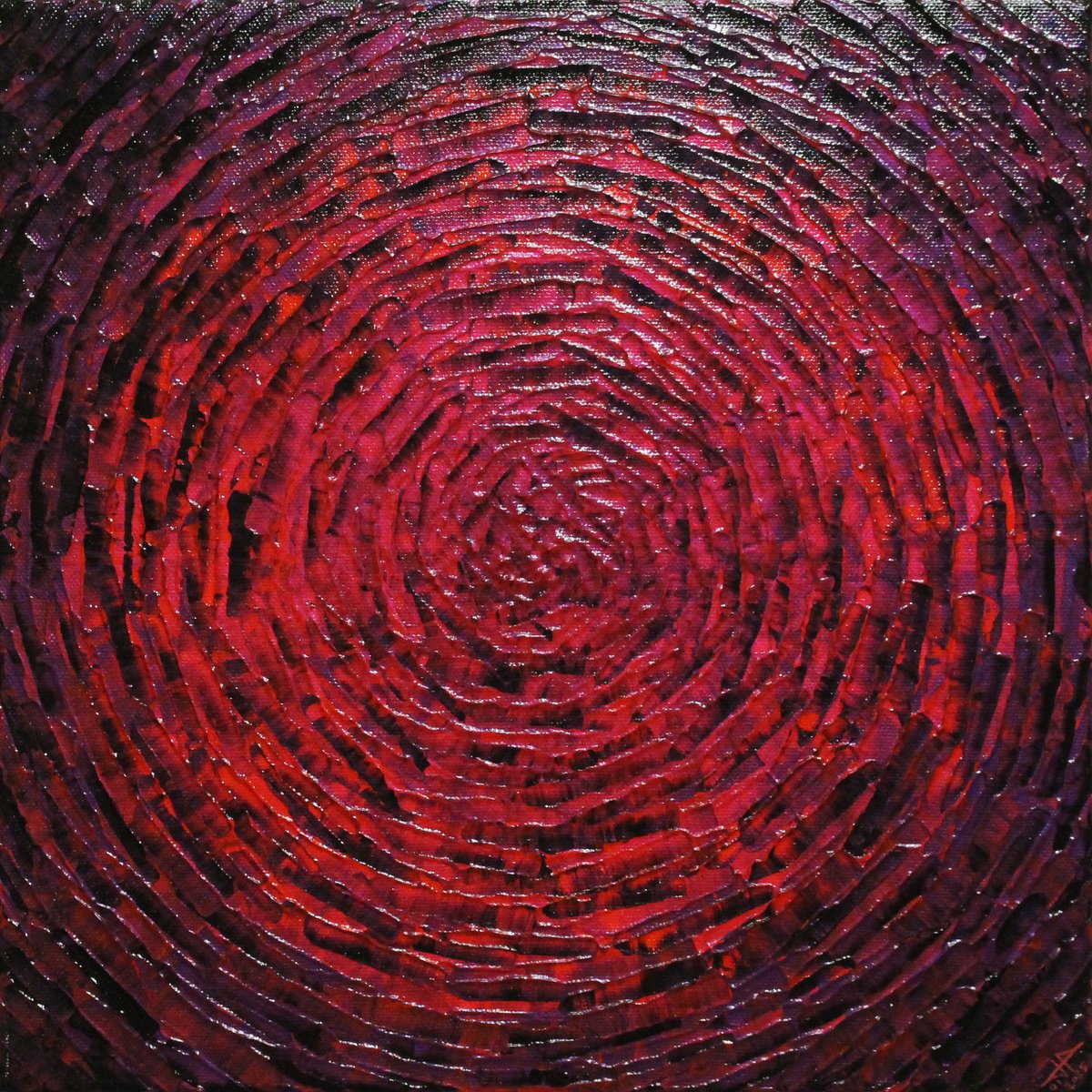 Abstract Acrylic Painting By Jonathan Pradillon, 12 X 12, Concentric Purplish Red Burst, Original Artwork