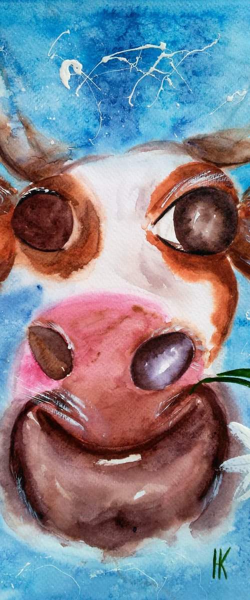 Cow Painting Daisy Original Art Animal Watercolor Floral Artwork Chamomile Home Wall Art 10 by 14" by Halyna Kirichenko by Halyna Kirichenko