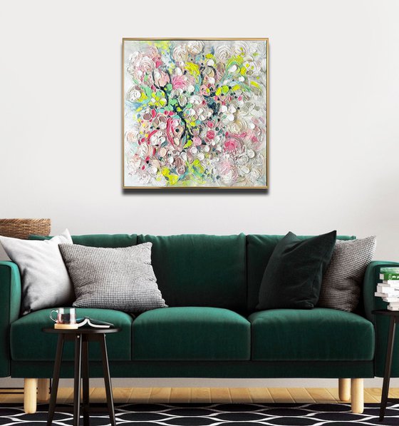 Shadow Dance - 3D White Beige Pink Green Yellow Multicolor Abstract Painting  Flower Original Plant Texture Painting