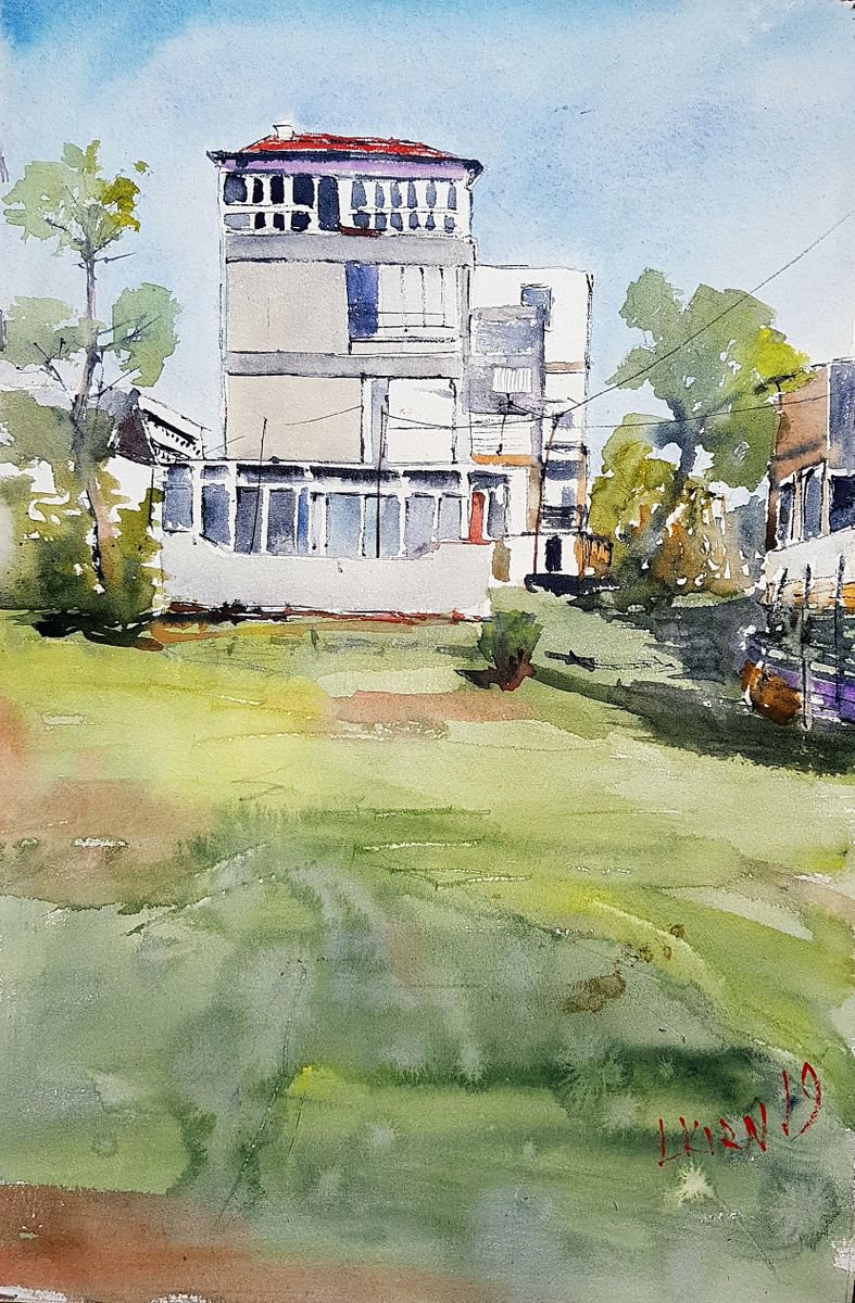 Impressionistic Cityscapes Watercolour By Leonid Kirnus, 10 X 15", The Old Quarter, Original Artwork