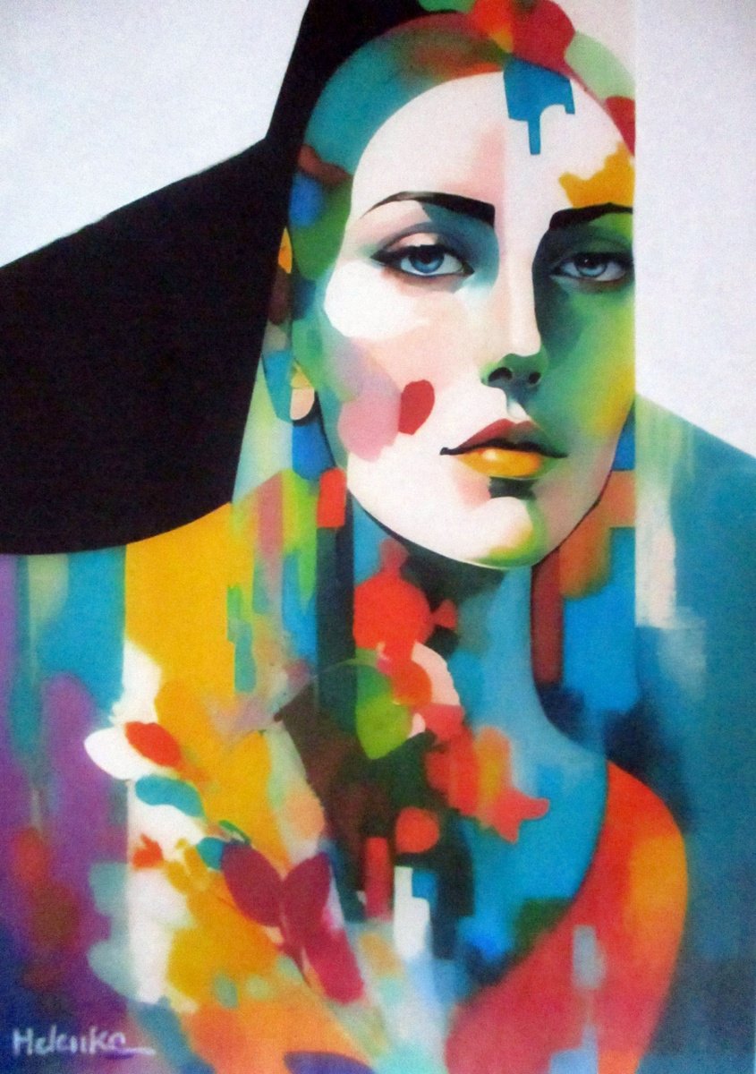 Expressive Portrait Acrylic Painting By Helena Wierzbicki, 17 X 24, Enchanted Reverie, Original Artwork