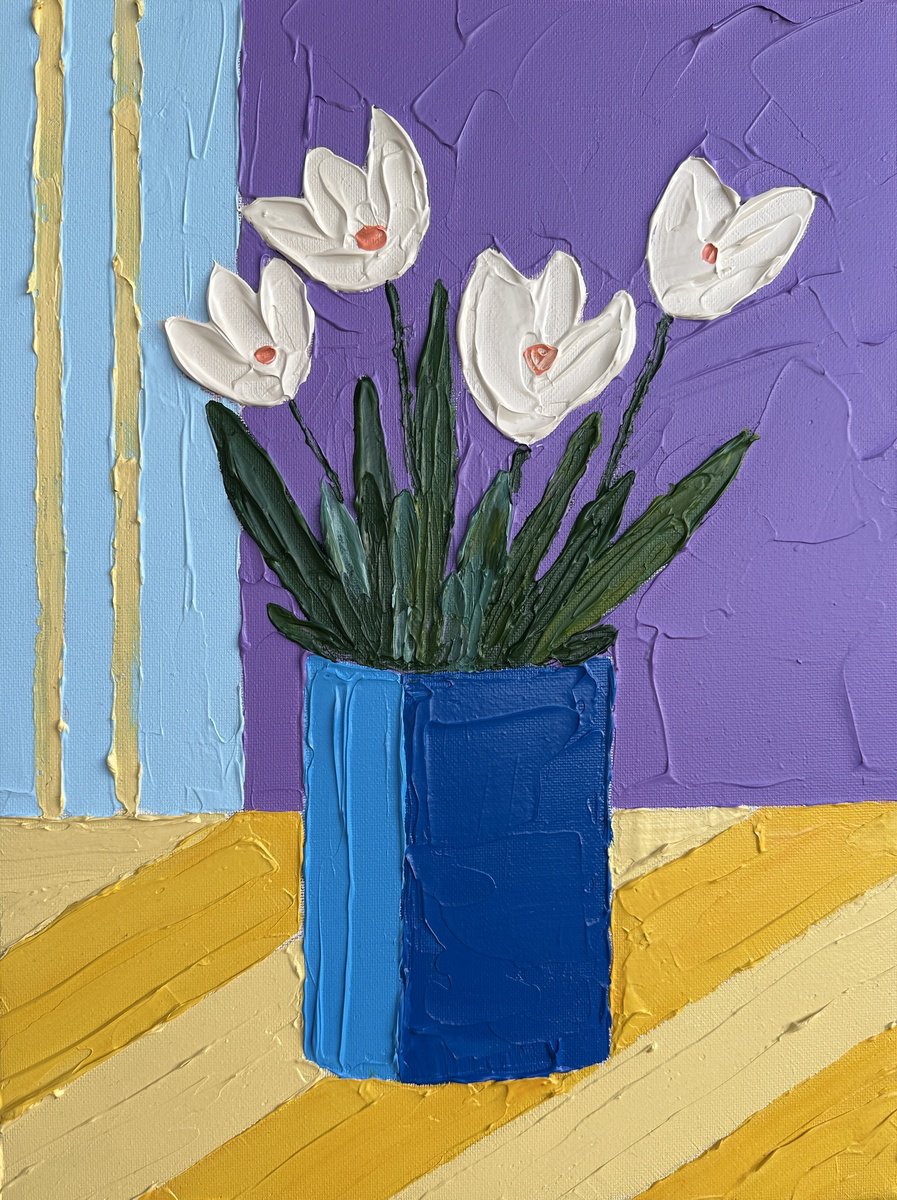  White Flowers, Yellow Stripes By Guzaliya Xavier, 12 X 16, Artwork For Sale On Artfinder