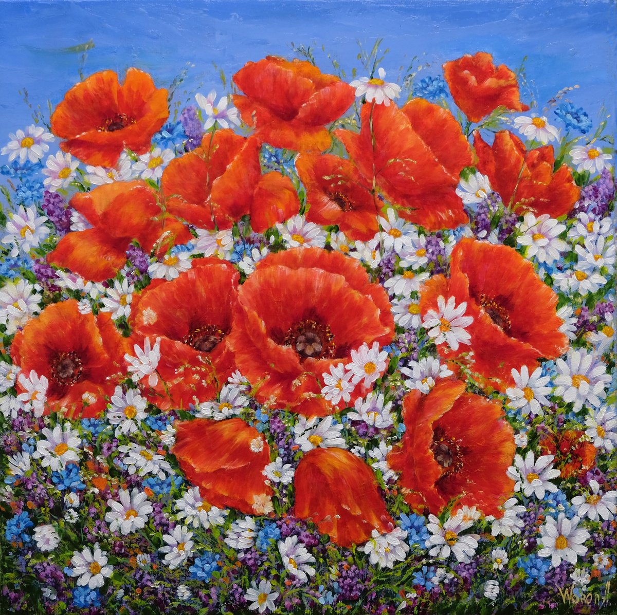 Impressionistic Botanical Oil Painting By Anastasia Woron, 14 X 14, Poppies With Wildflowers., Original Artwork