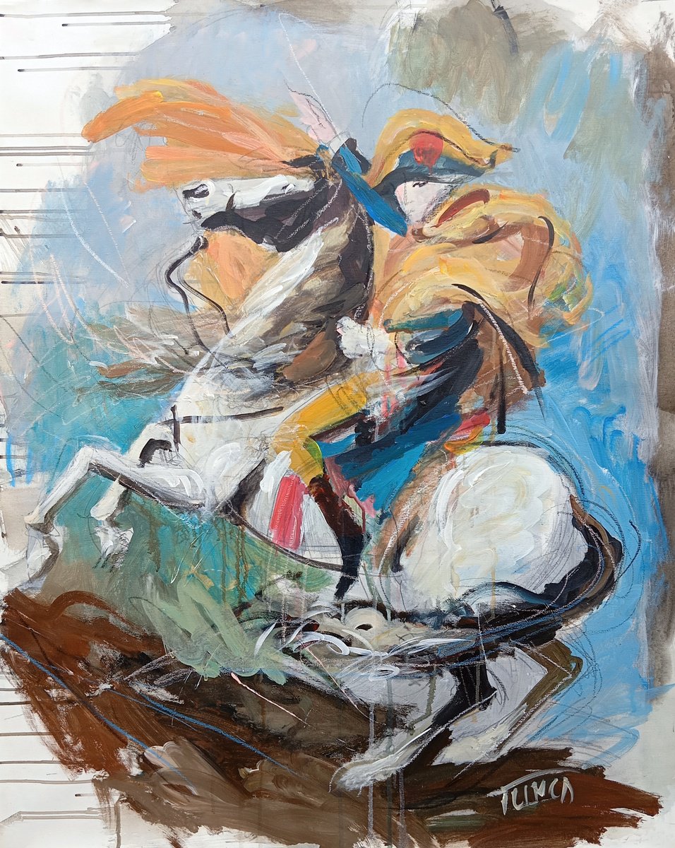 Expressive Portrait Acrylic Painting By Catalin Ilinca, 32 X 41, Napoleon Crossing The Alps, Original Artwork