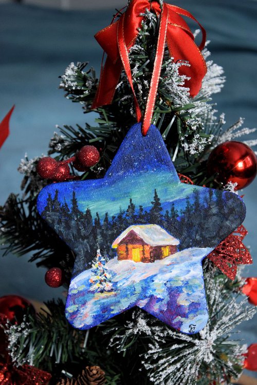 Personalised Christmas ornaments, original acrylic painting, hand painted bauble, winter night woodland by Kate Grishakova