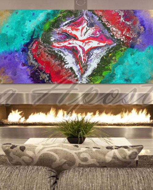 Abstract Painting, Huge Original Contemporary Art, Large Floral Abstraction, Ready to hang, Turquoise, Lilac, Pink, Gold, Silver, Red, Green, White, Multicolor, Modern Wall Decor ''The Power Inside You'' by Julia Apostolova