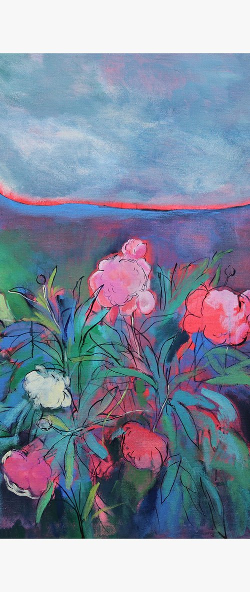 Neon Cow and Peony Bush by Artem Andreichuk