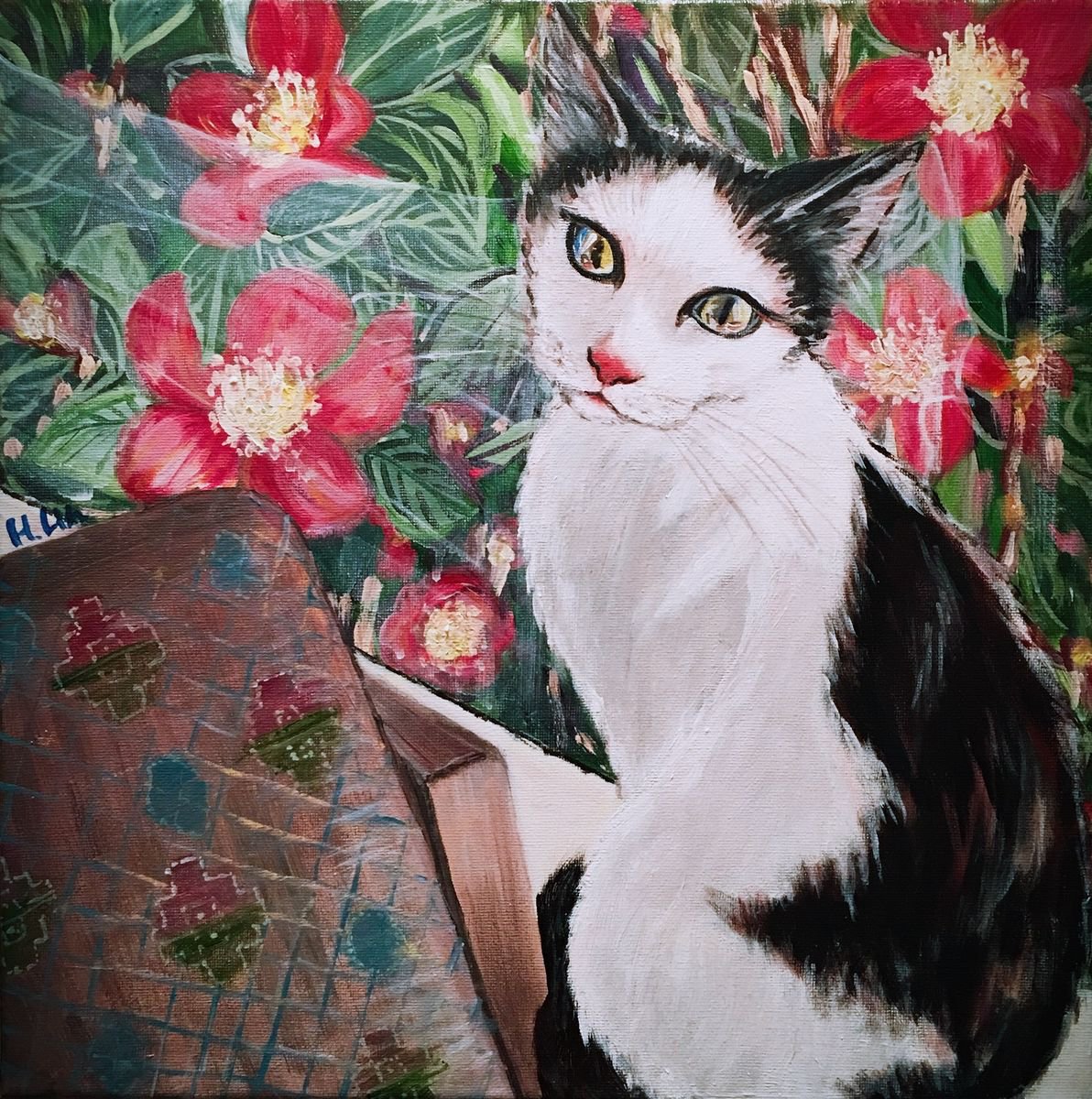 Naive Animal Acrylic Painting By Hsin Lin, 14 X 14, By The Window, Original Artwork