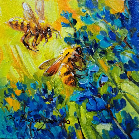 Bee oil painting original art blue flower, Bee wall art picture frame