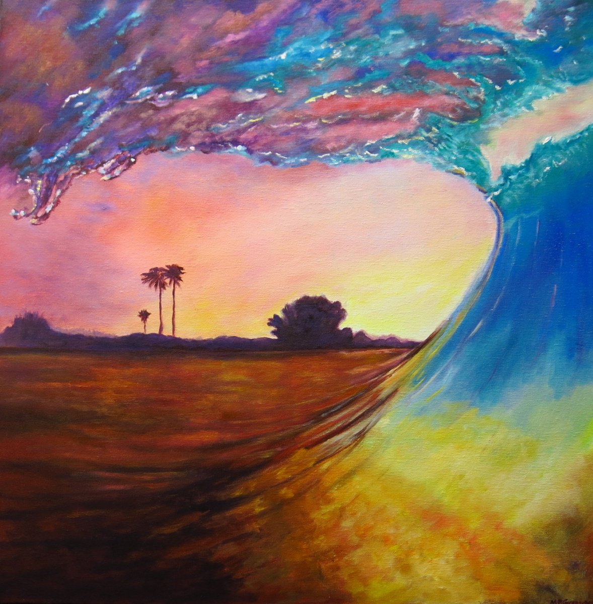 Impressionistic Landscape Oil Painting By Maureen Greenwood, 30 X 30", Tsunami Wave, Original Artwork