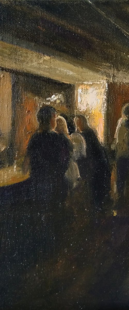 In the bar 30x30cm ,oil/canvas, impressionistic figure by Kamsar Ohanyan