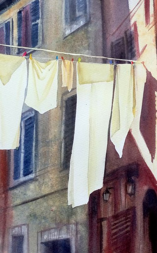 Rome Street  - hanging clothes by Olga Beliaeva Watercolour