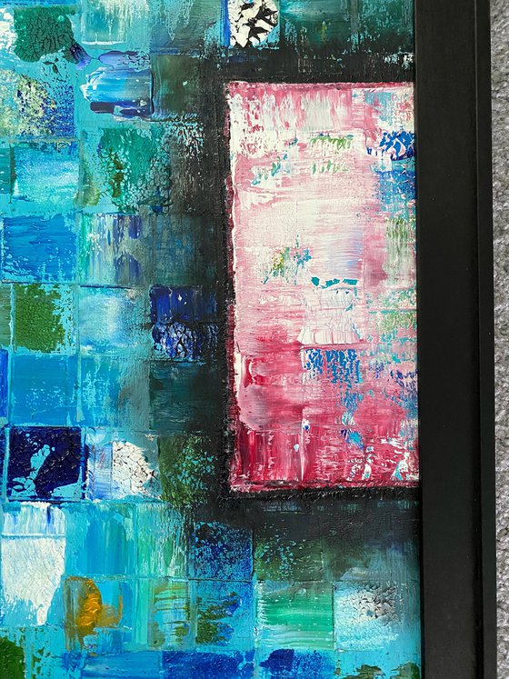 "Mosaic Squared" - Original Highly Textured PMS Abstract Oil Painting On Wood, Framed - 26" x 38"