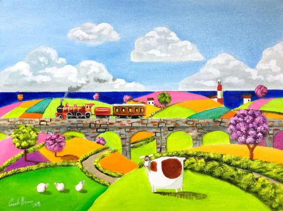Cow red train Folk art patchwork fields