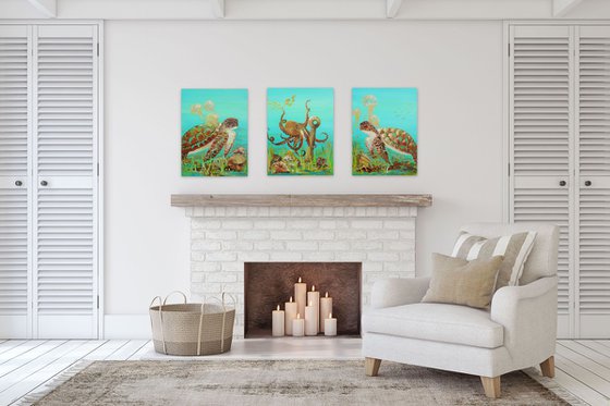 Triptych Sea Turtle, Octopus, Jellyfish Acrylic Painting on Canvas  (61 x 137cm). Sea Life Modern Art. Ocean Original Painting on Canvas.