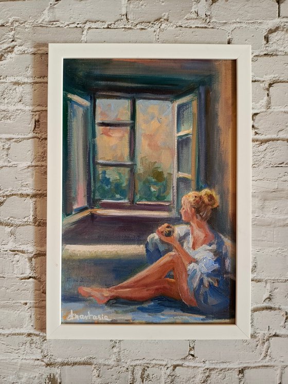 Oil painting Woman with a cup of tea near the window