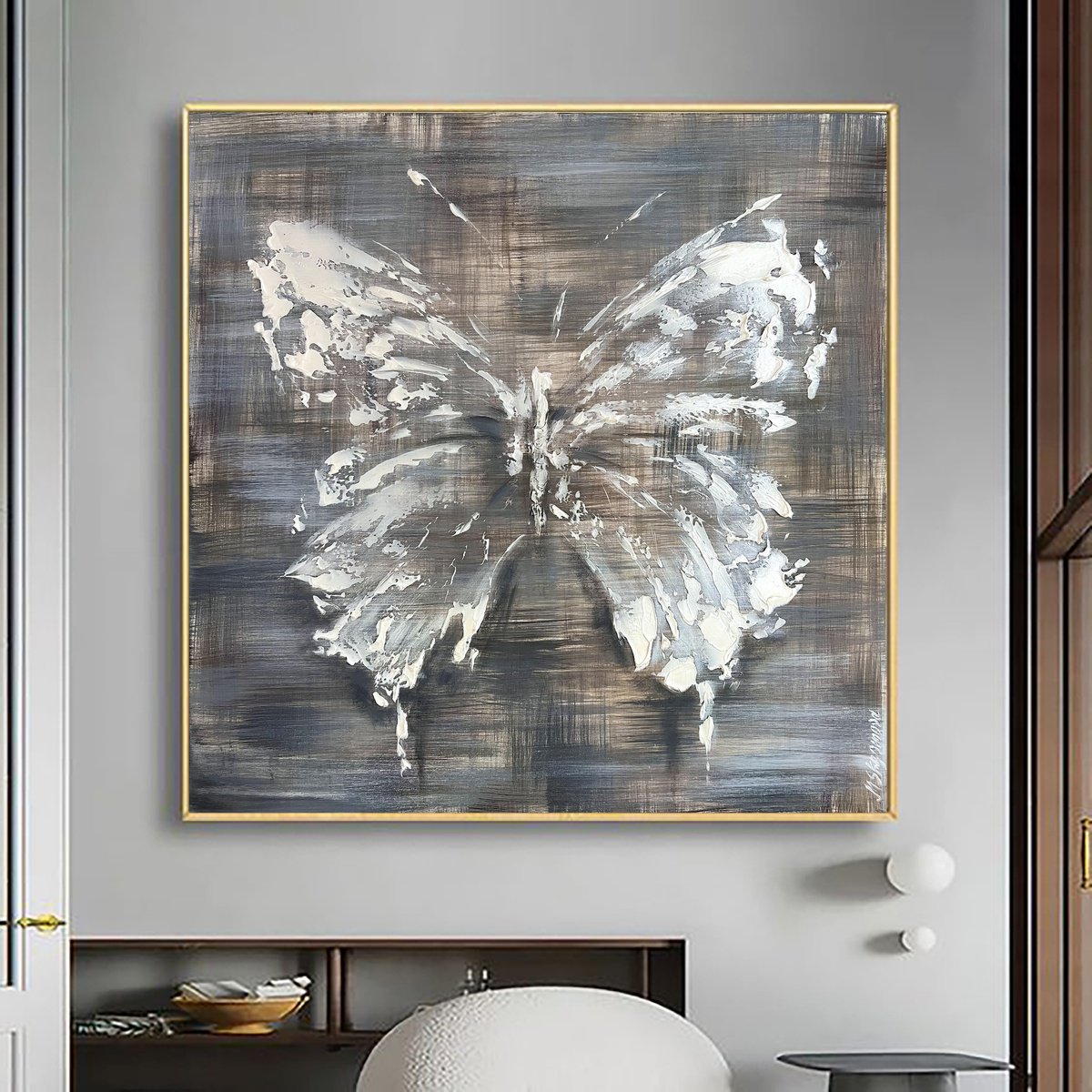 Silver mother-of-pearl butterfly. Abstract butterfly painting. by Marina Skromova