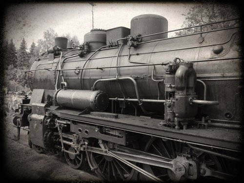 Old steam trains in the depot - print on canvas 60x80x4cm - 08382m3 by Kuebler