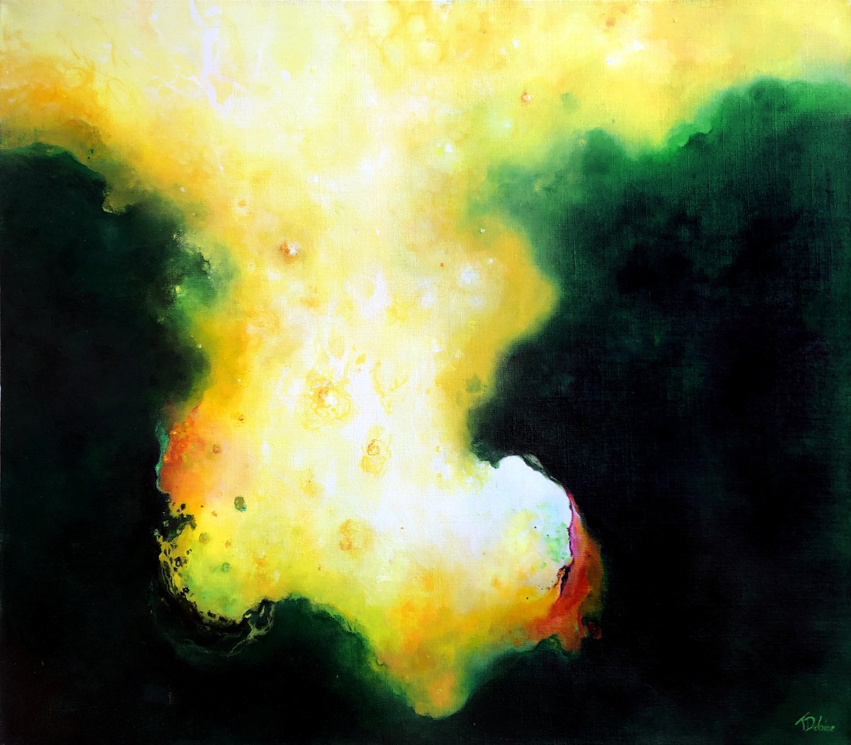 Organic Abstract Oil Painting By Theophile Delaine, 31 X 28", The Cradle Of An Idea, Original Artwork