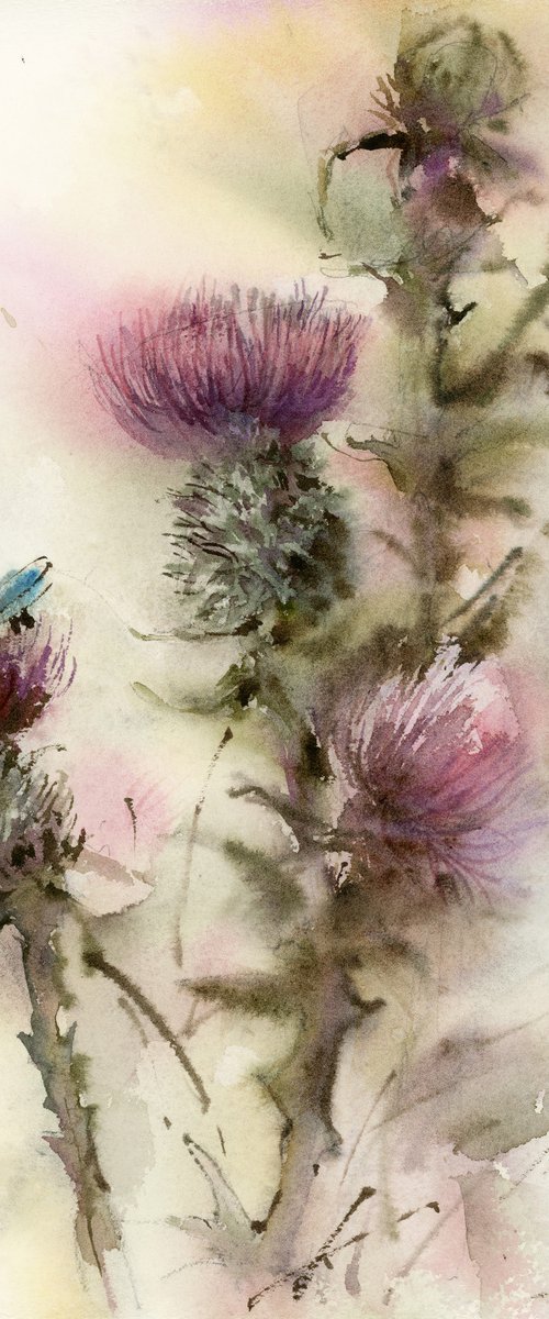 Thistle - Pink Flowers Painting, Scotland National Flower by Sophie Rodionov