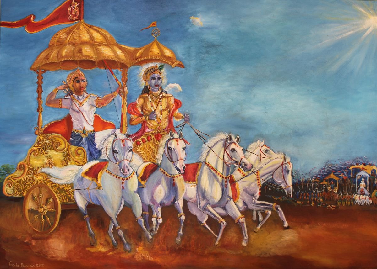 Mahabharat battle scene, large oil painting by Geeta Yerra