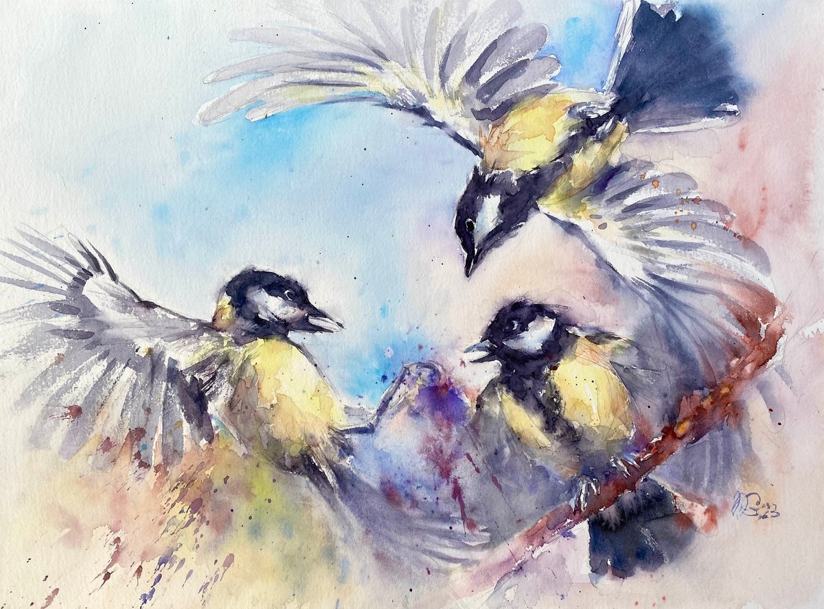 Impressionistic Animal Watercolour By Natalia Galnbek, 16 X 12", Titmouses At Lunch, Original Artwork