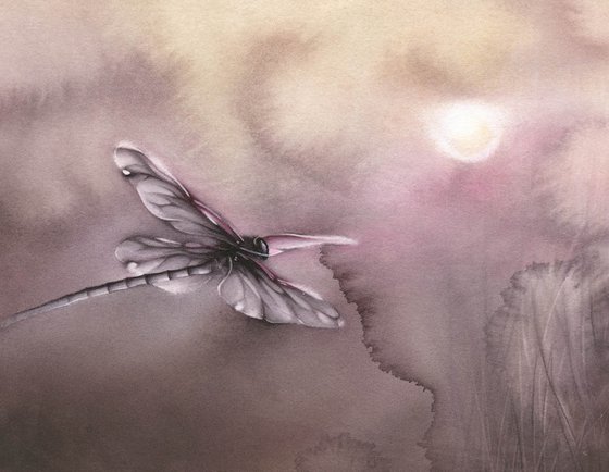 Glimpse VII - Sunset Dragonfly Watercolor Painting