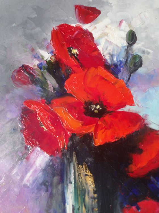 Red poppies 50x70cm, oil painting, palette knife